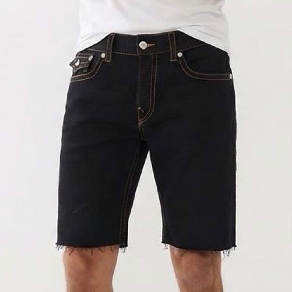True Religion Ricky Relaxed Straight Cut-Off Black Denim Shorts Streetwear Sz 38